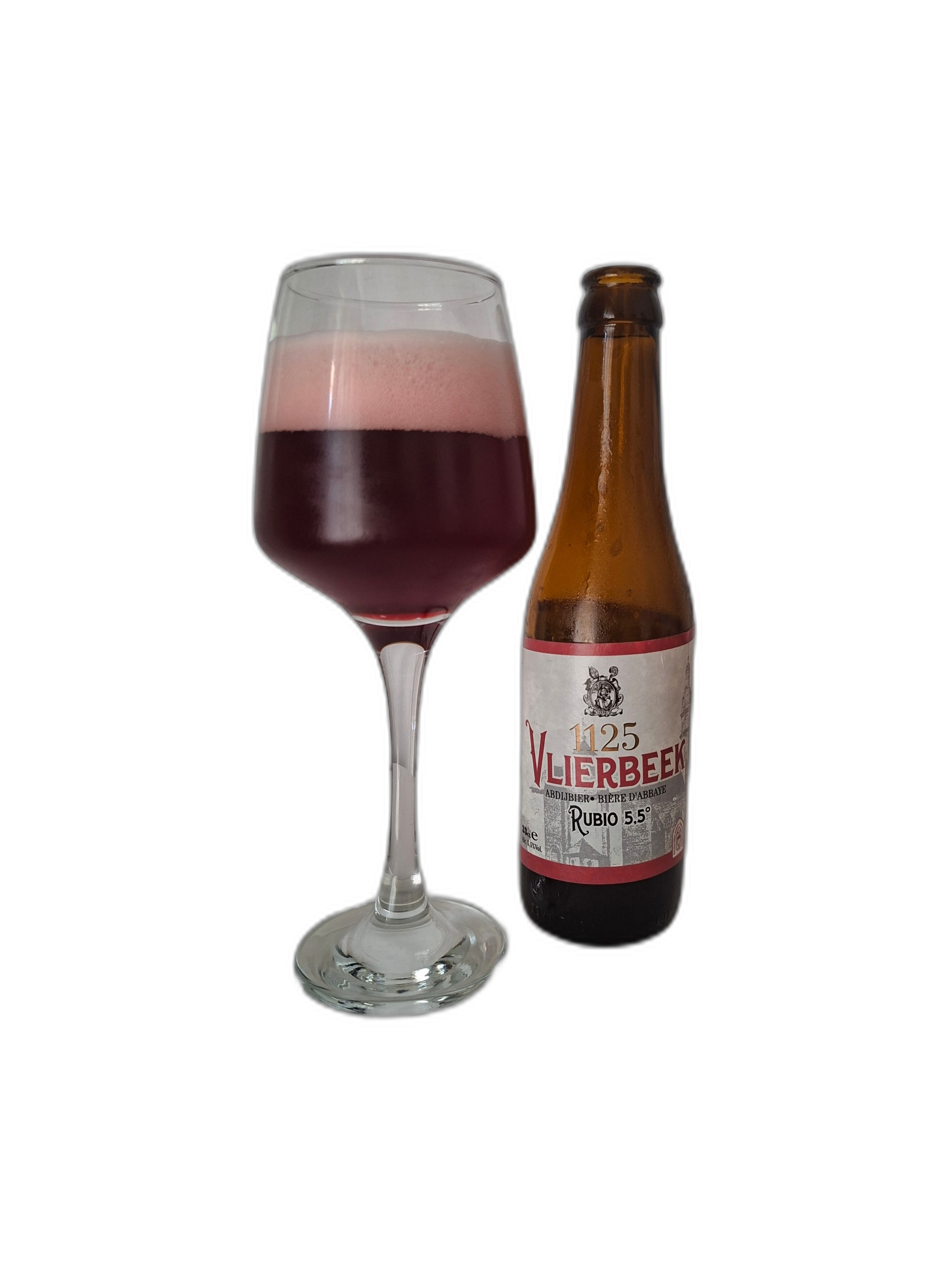 Vlierbeek Rubio, a Belgian abbey ale, poured into a glass beside its bottle, background removed